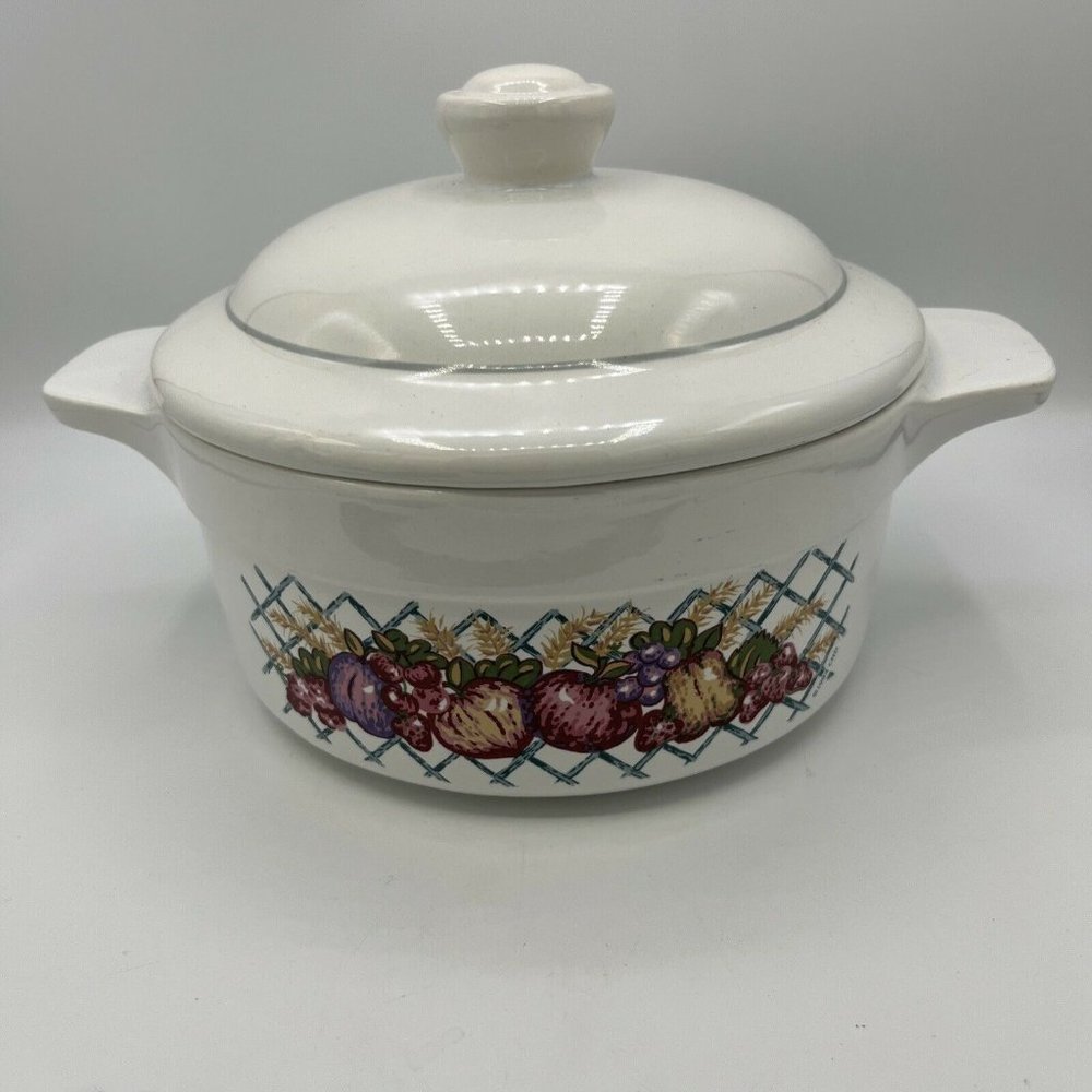 Vintage Treasure Craft French Casserole Bowl Lid Fruit And  Trellis 1984